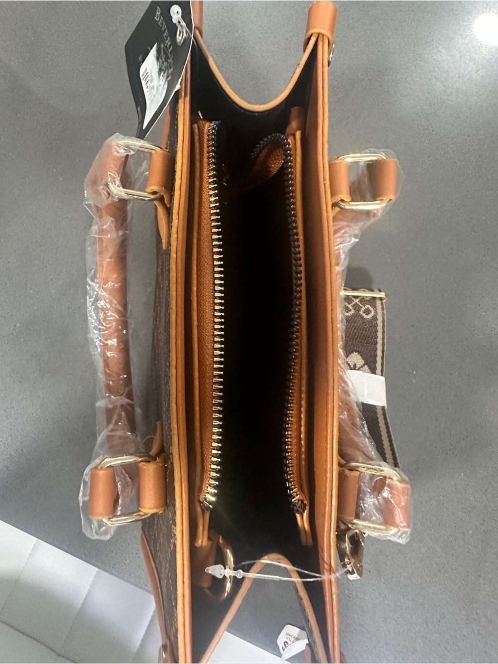 Brown Patterned Crossbody Bag with Tan Trim - Picture 3 of 7